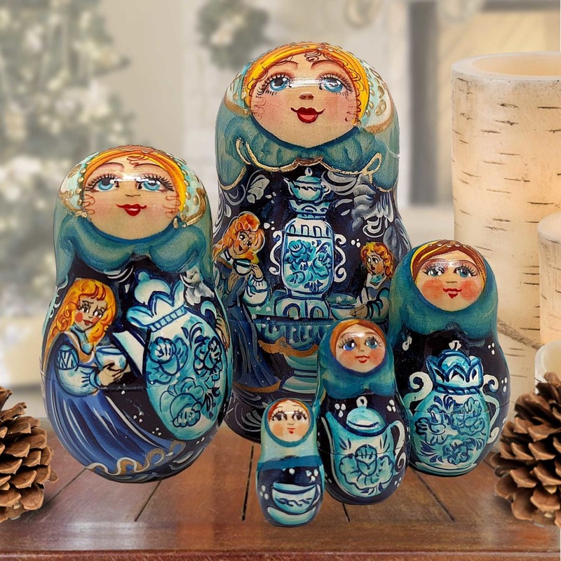 Blue Teapots Matreshka Nesting Hand-Painted Doll Set of 5 by G. DeBrekht – Christmas Decor – 120012
