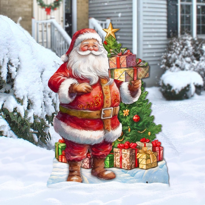 Celebrate with Santa: Santa with Gifts Outdoor Decor by G. Debrekht – Christmas Santa Snowman Decor – 8611094F