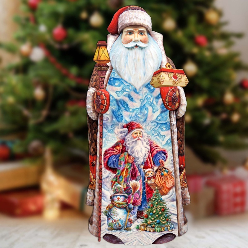 Christmas Magic Santa Hand-Painted WOODCARVED Masterpiece Figurine by G. DeBrekht – Santa Snowman Christmas Decor – 215871