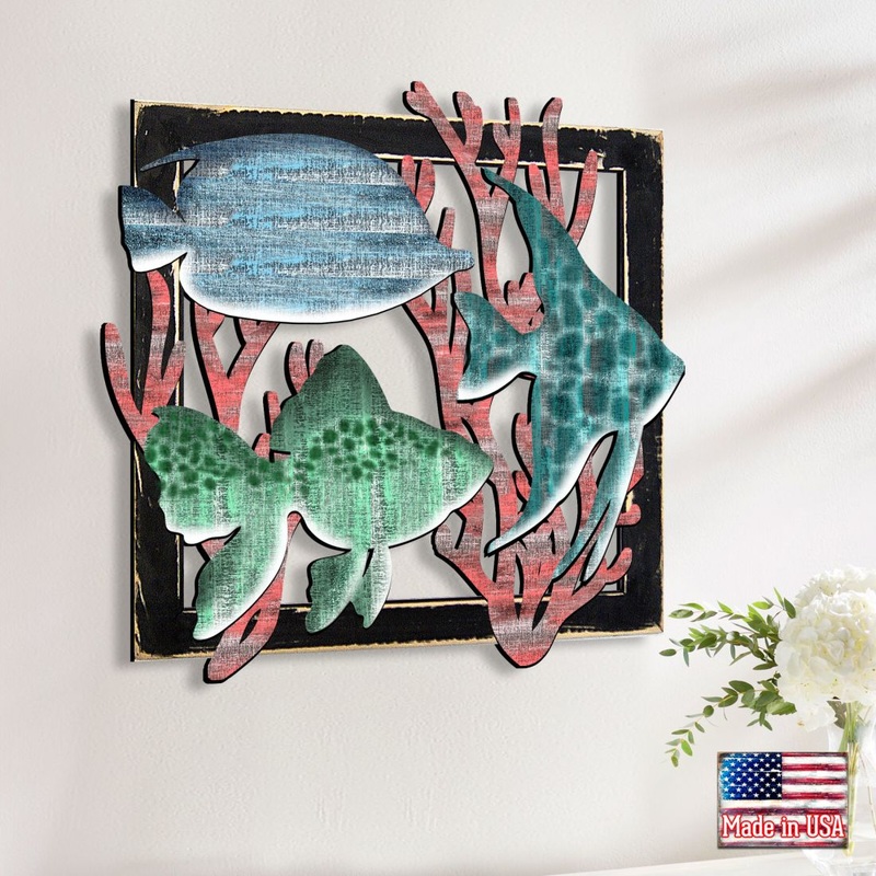 Colorful Fish Rustic Wooden Wall Decor by G. DeBrekht – Coastal Sea-Life Decor – G98537S3