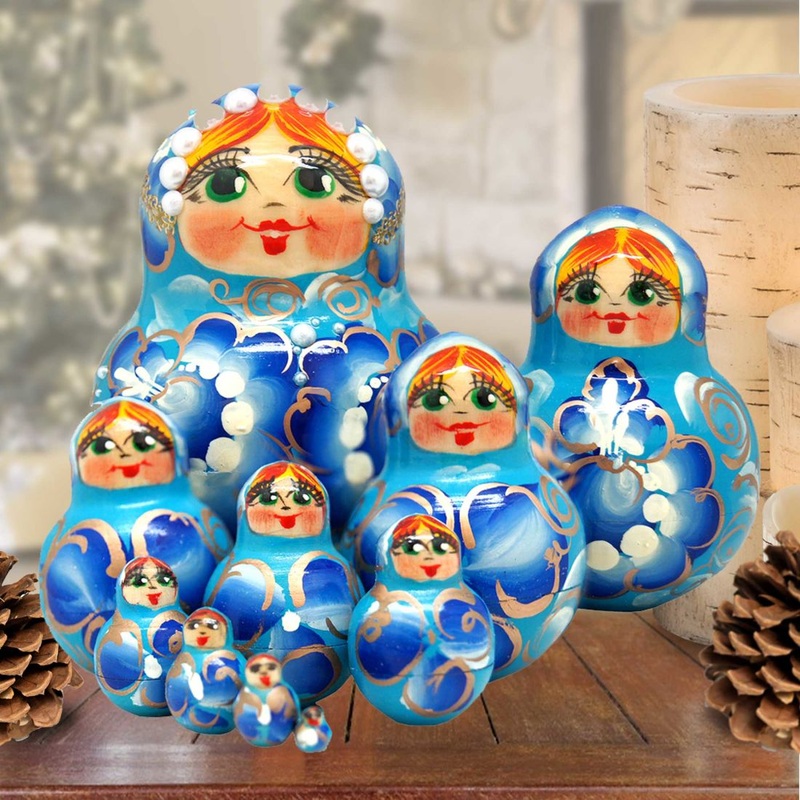 Flower in Blue Matreshka Nesting Hand-Painted Doll Set of 10 by G. DeBrekht – Christmas Decor – 141151B