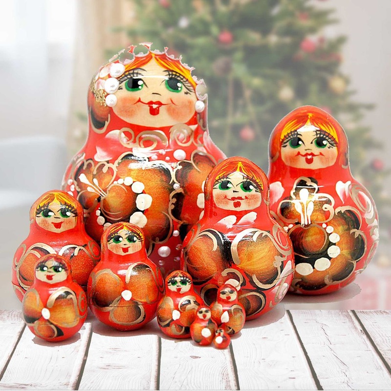 Flower in Red Matreshka Nesting Hand-Painted Doll Set of 10 by G. DeBrekht – Christmas Decor – 141151R