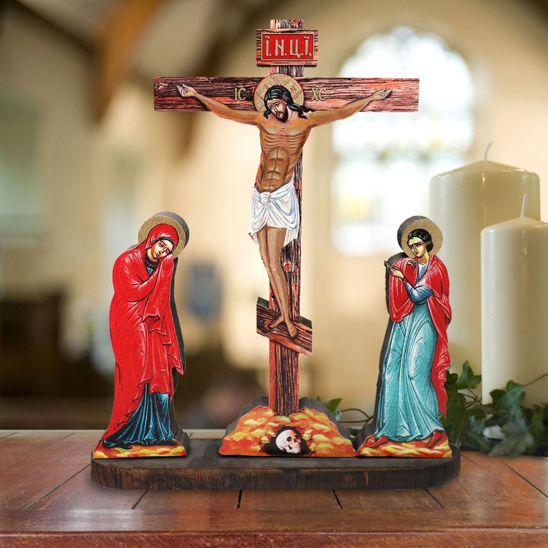 Golgotha Crucifixion Tableau with Wooden Cross – Inspirational Icon Decor – 88159