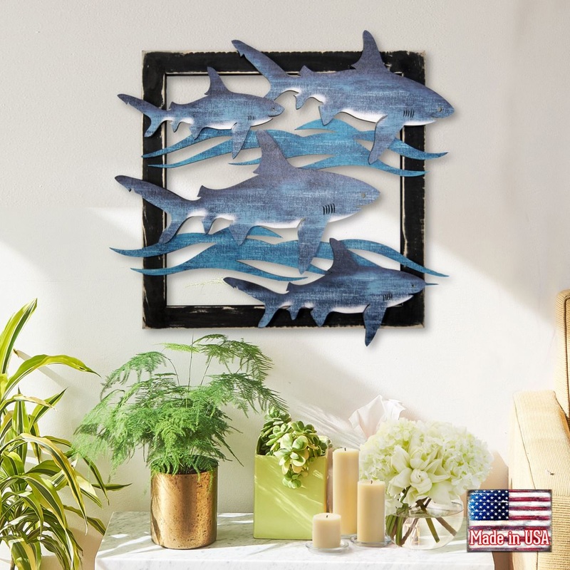 Great White Sharks Rustic Wood Wall Decor by G. DeBrekht – Coastal Sea-Life Decor – G98515S4