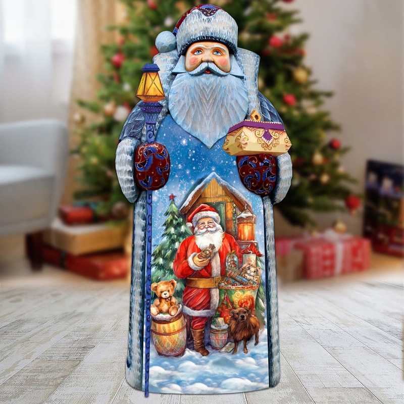 Jolly Santa Gifting Hand-Painted WOODCARVED Masterpiece Figurine by G. DeBrekht – Santa Snowman Christmas Decor – 215868