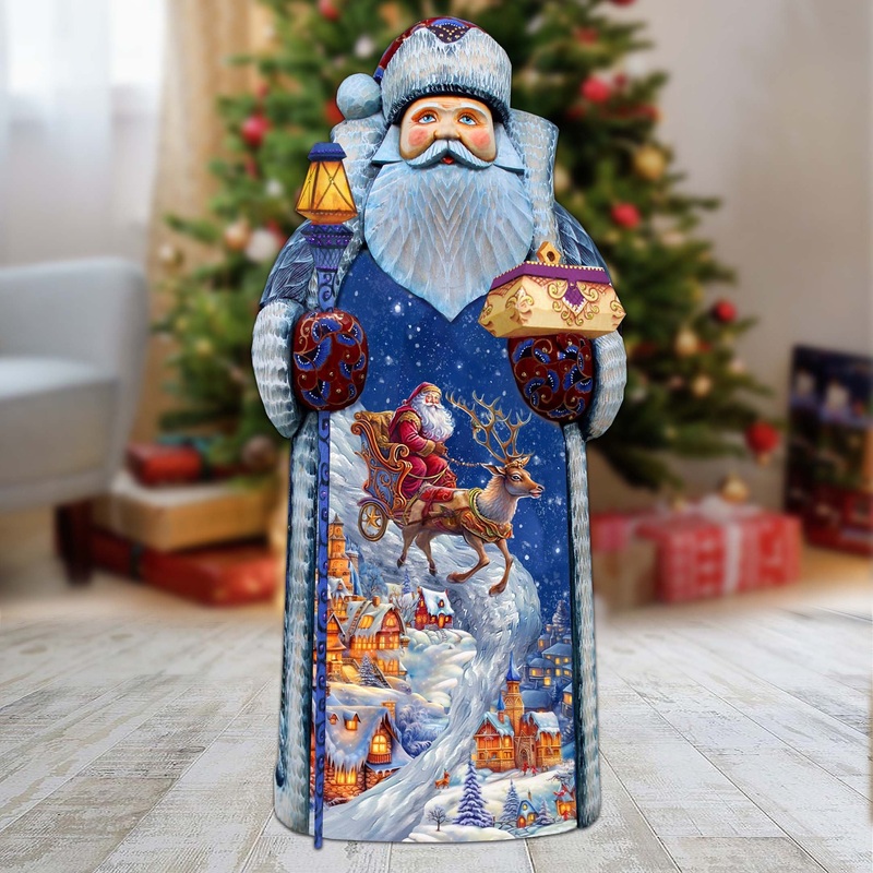 Joyful Sleigh Descent Santa Hand-Painted WOODCARVED Masterpiece Figurine by G. DeBrekht – Santa Snowman Christmas Decor – 215870