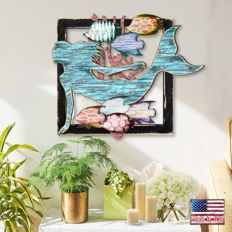 Mermaid in Frame Rustic Wooden Wall Decor by G. DeBrekht – Coastal Sea-Life Decor – G98514S