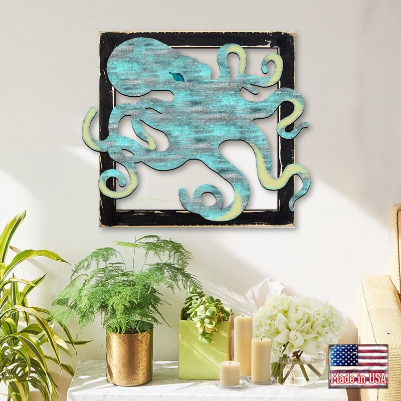 Octopus in Frame Rustic Wooden Wall Decor by G. DeBrekht – Coastal Sea-Life Decor – G98512S
