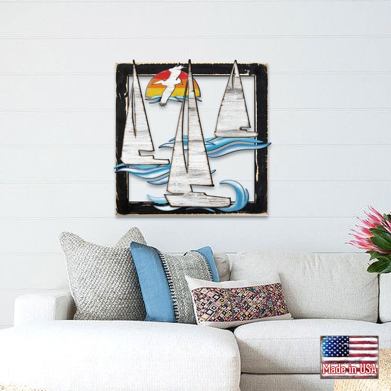 Sailing Boats Sunrise Wooden Wall Decor by G. DeBrekht – Coastal Sea-Life Decor – G985242S3