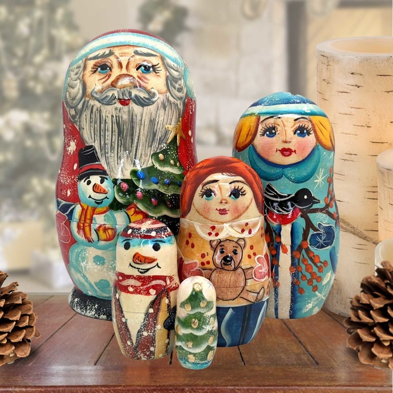 Santa Family Matreshka Nesting Hand-Painted Doll Set of 5 by G. DeBrekht – Christmas Santa Snowman Decor – 120015