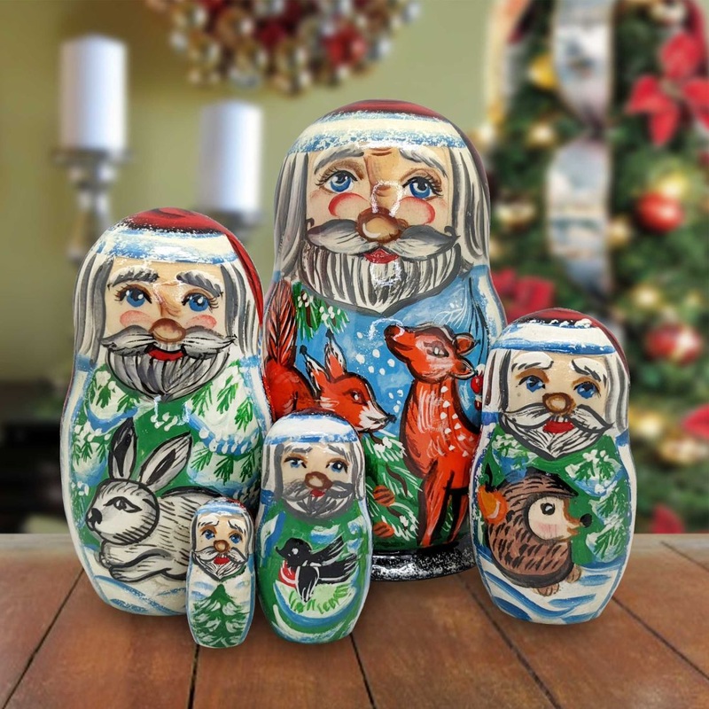 Santa Forest Friend Matreshka Nesting Hand-Painted Doll Set of 5 by G. DeBrekht – Wildlife Holiday Decor – 120013