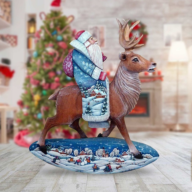 Santa on a Reindeer Rocking One-of-a-Kind Hand-Painted WOODCARVED Masterpiece by G. DeBrekht – Wildlife Holiday Decor – 216381