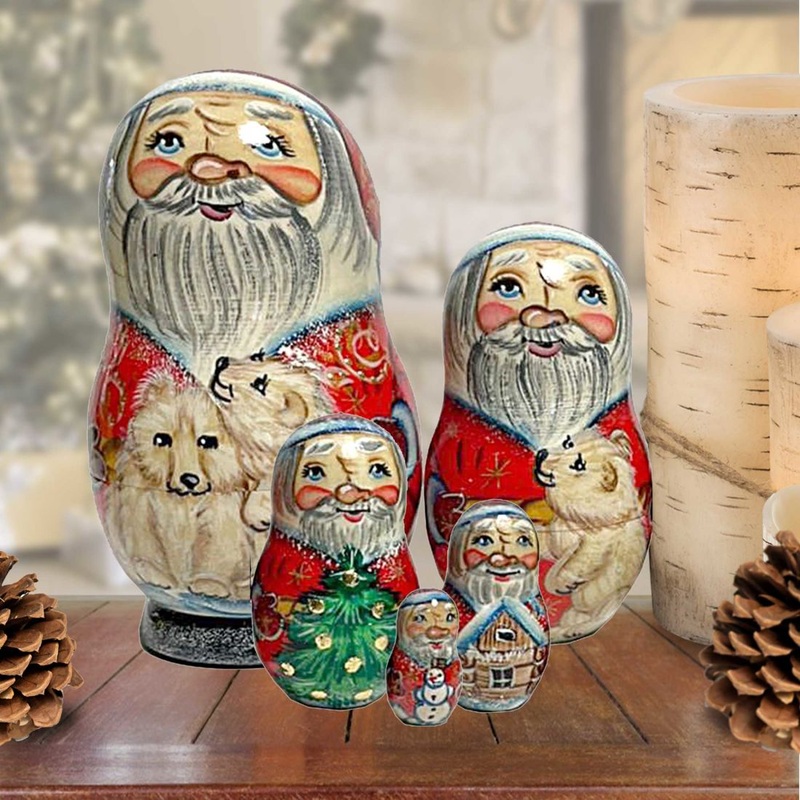 Santa with Polar Bears Matreshka Nesting Hand-Painted Doll Set of 5 by G. DeBrekht – Christmas Santa Snowman Dcor – 120016