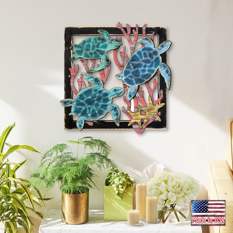 Sea Turtle Family Wooden Wall Decor by G. DeBrekht – Coastal Sea-Life Decor – G98518S3