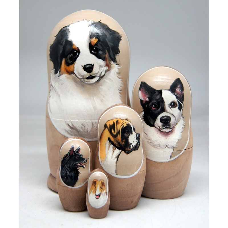 Senbernar Cub Matreshka Nesting Hand-Painted Doll Set of 5 by G. DeBrekht – Pets Dog and Cats Decor – 150034