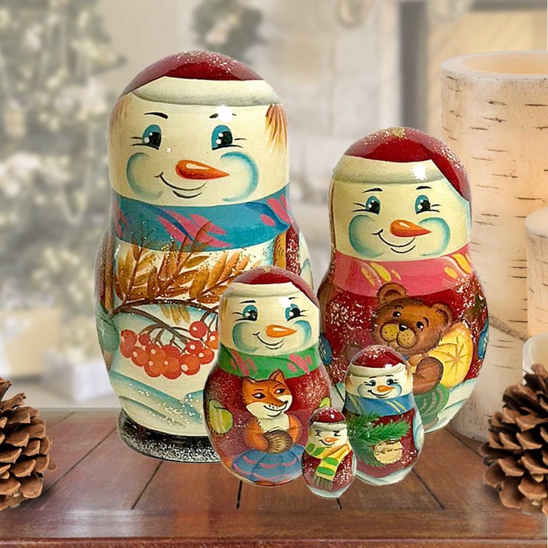 Snowman Winter Story Matreshka Nesting Hand-Painted Doll Set of 5 by G. DeBrekht – Christmas Decor – 120018
