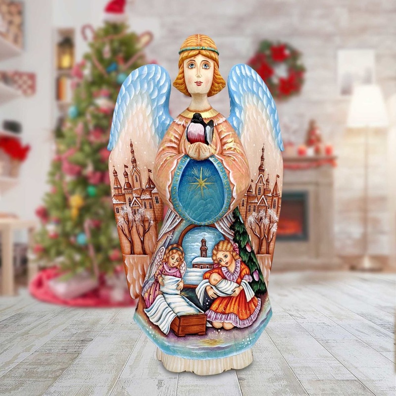 The Beloved Son’s Crib Angel Hand-Painted WOODCARVED Figurine by G. DeBrekht – Nativity Holiday Decor – 250052-1