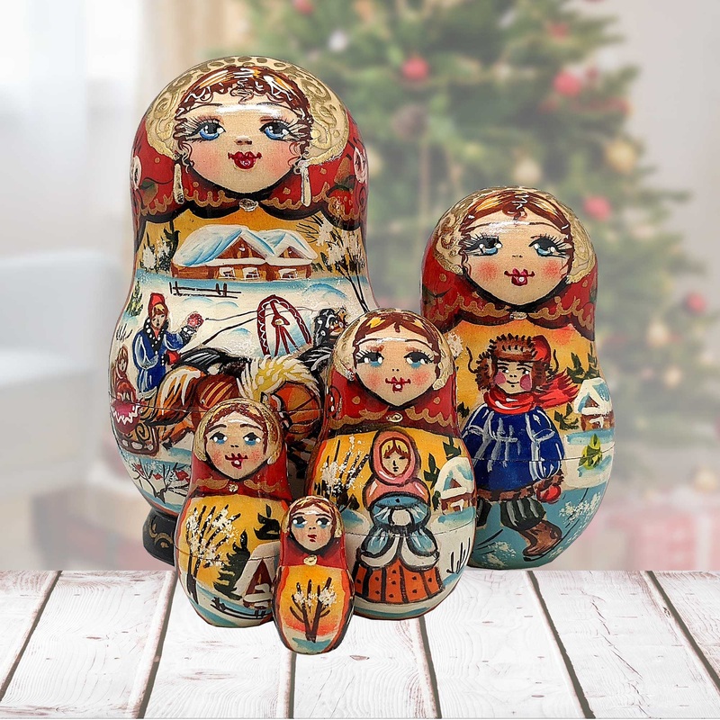Winter Sleigh Ride Matreshka Nesting Doll Set of 5 by G. DeBrekht – 120011