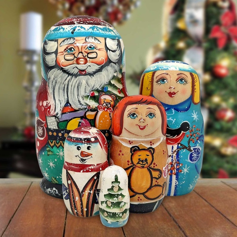 Winter Spirit Matreshka Nesting Hand-Painted Doll Set of 5 by G. DeBrekht – Christmas Santa Snowman Decor – 120014