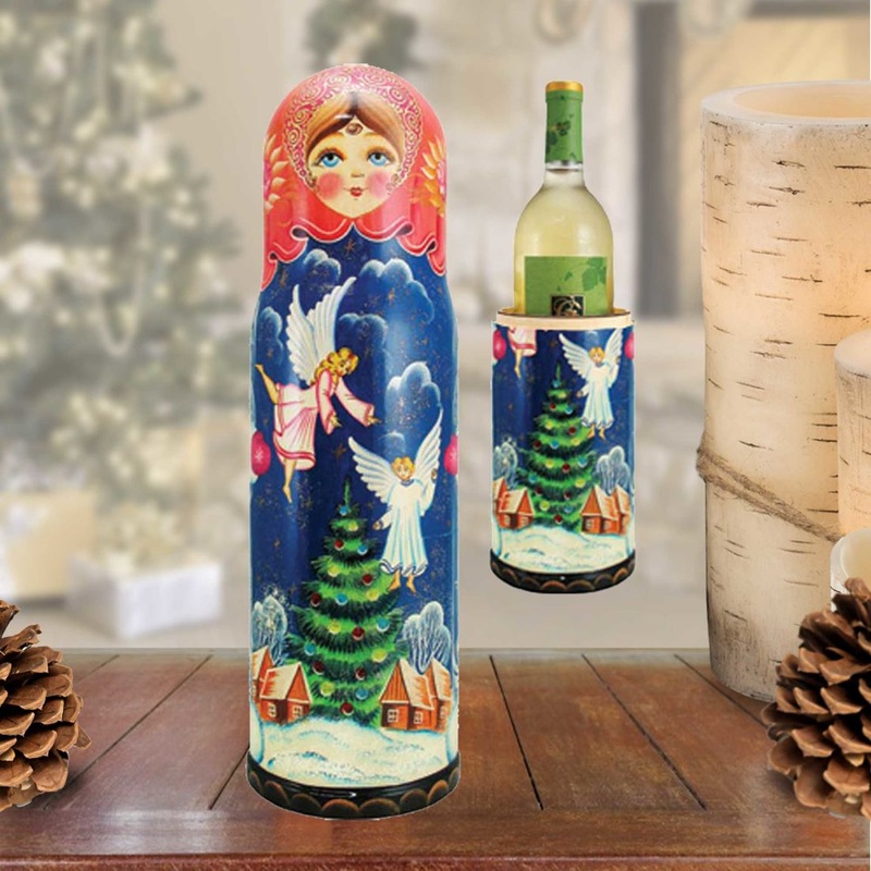 Angels Hand-Painted Wooden Bottle Holder, Wine Box, Tall Gift Box by G. DeBrekht – Christmas Decor – 190508