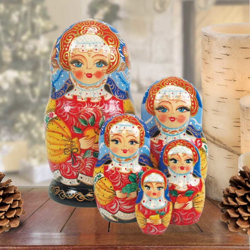 Apple Girl Matreshka Stacking Hand-Painted Dolls Set of 5 by G. DeBrekht – Christmas Decor – 1300934