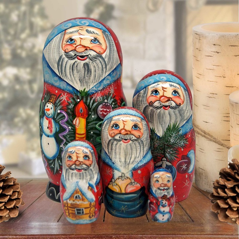 Candlelight Santa Matreshka Nesting Hand-Painted Dolls Set of 5 by G. DeBrekht – Christmas Santa Snowman Decor – 110171