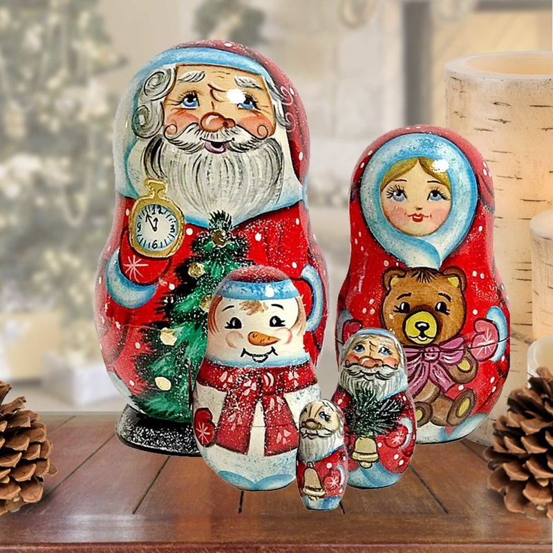 Celebrating Tree Santa Family Matreshka Nesting Hand-Painted Doll Set of 5 by G. DeBrekht – Christmas Santa Snowman Decor – 110063
