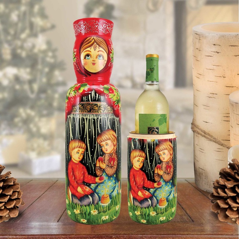 Children Hand-Painted Wooden Bottle Holder, Wine Box, Tall Gift Box by G. DeBrekht – Christmas Decor – 190502
