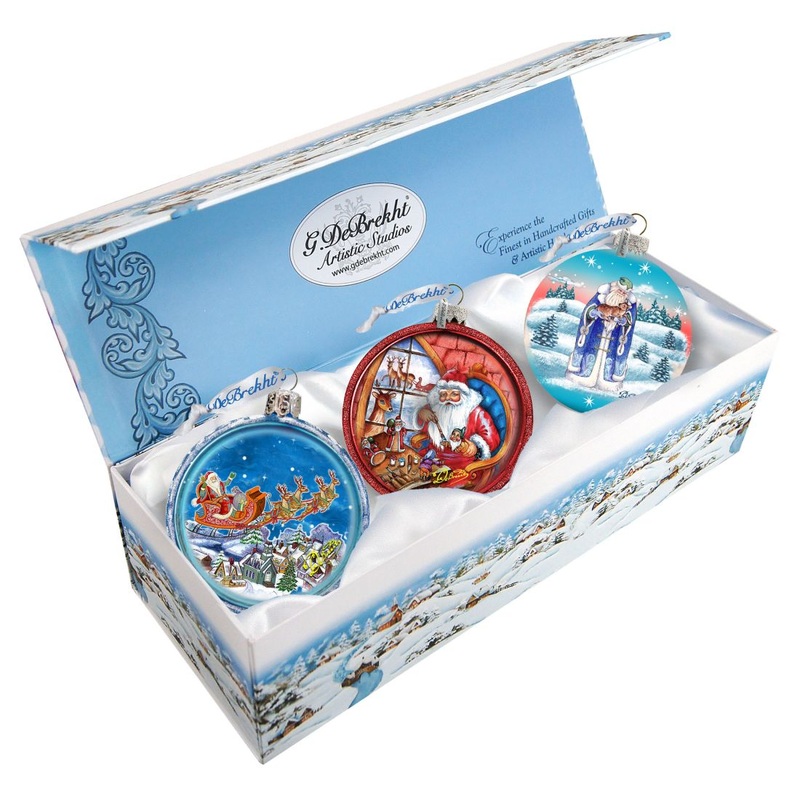 Christmas Balls Glass Ornament Set of 3 by G. DeBrekht – Christmas Santa Snowman Decor – 75011-B3