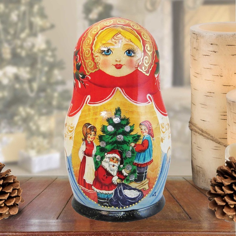 Christmas Night Matreshka Nesting Hand-Painted Dolls Set of 5 by G. DeBrekht – Christmas Decor – 130272