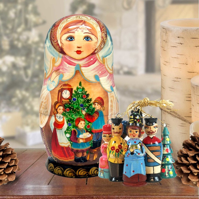 Christmas Night Treasure Hand-Painted Doll with Set of Wooden Ornaments by G. DeBrekht – Christmas Decor – 110734