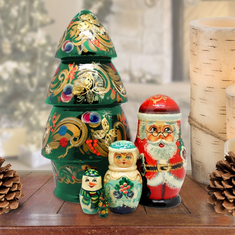 Christmas Tree Family Nesting Hand-Painted Doll Set of 5 by G. DeBrekht – Christmas Santa Snowman Decor – 110175-2