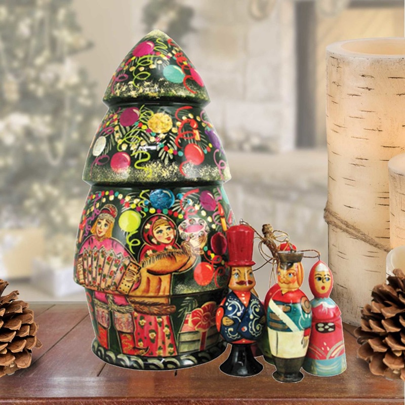 Christmas Tree Hand-Painted Doll with Set of Wooden Ornaments by G. DeBrekht – Christmas Decor – 110802