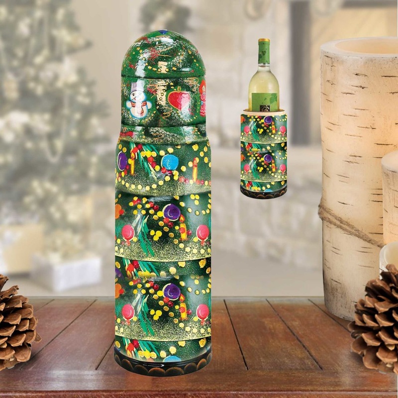 Christmas Tree Hand-Painted Wooden Bottle Holder, Wine Box, Tall Gift Box by G. DeBrekht – Christmas Decor – 190509