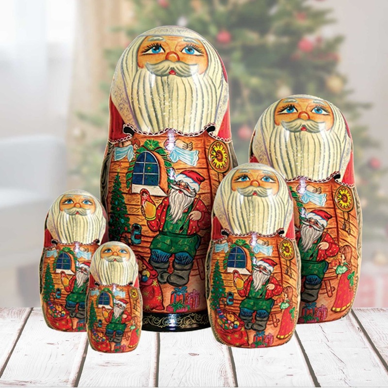 Christmas Workshop Matreshka Nesting Hand-Painted Doll Set of 5 by G. DeBrekht – Christmas Santa Snowman Decor – 110112
