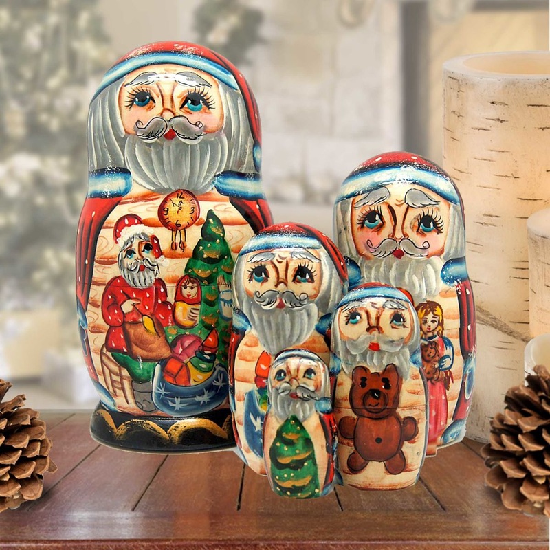 Christmas Workshop Santa Matreshka Nesting Hand-Painted Doll Set of 5 by G. DeBrekht – Christmas Santa Snowman Decor – 110112-2