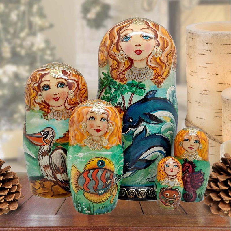Dolphins 5 Hand-Painted Doll Coastal Matreshka Nesting Hand-Painted Dolls Set of 5 by G. DeBrekht – Coastal Holiday Decor – 1300813