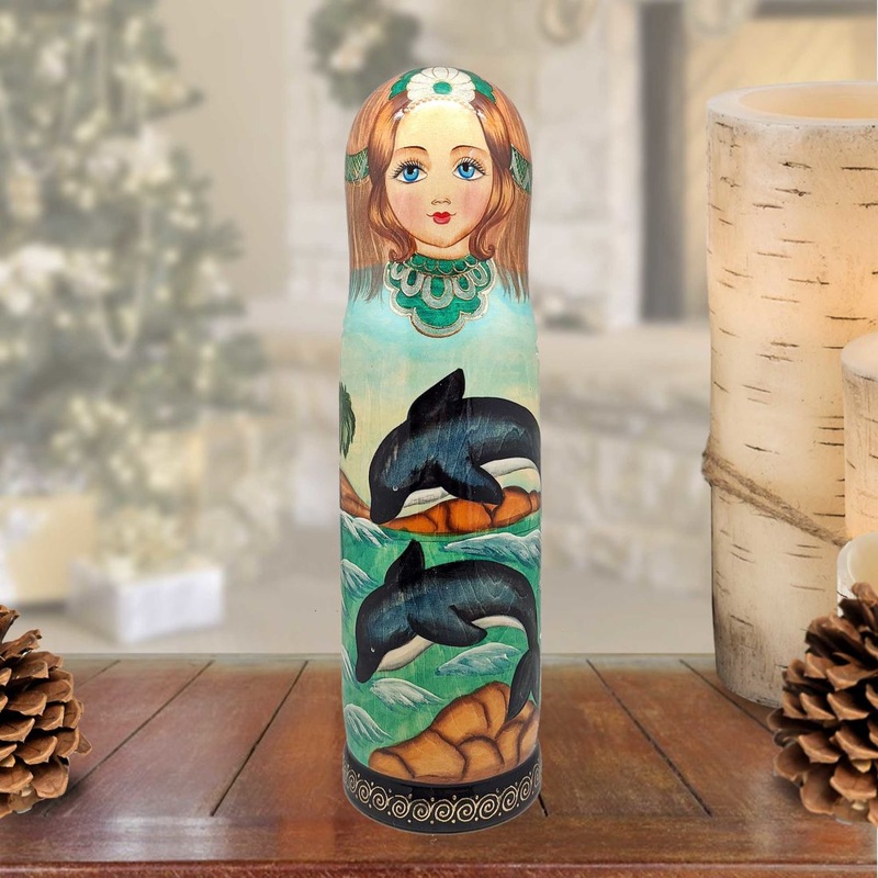 Dolphins Hand-Painted Wooden Bottle Holder, Wine Box, Tall Gift Box by G. DeBrekht – Coastal Holiday Decor – 190813