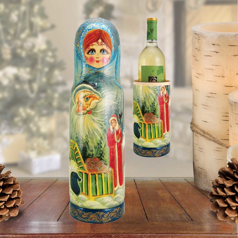 Fairy Tale Hand-Painted Wooden Bottle Holder, Wine Box, Tall Gift Box by G. DeBrekht – Christmas Decor – 190501