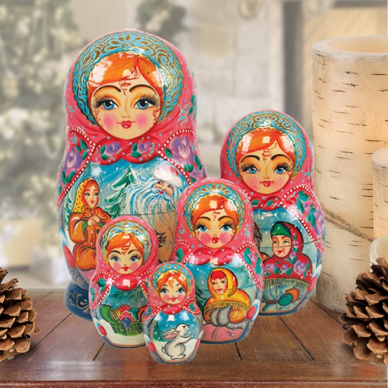 Father Frost Matreshka Stacking Hand-Painted Dolls Set of 5 by G. DeBrekht – Christmas Decor – 1300951