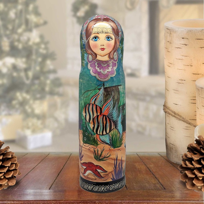 Fish Hand-Painted Wooden Bottle Holder, Wine Box, Tall Gift Box by G. DeBrekht – Coastal Holiday Decor – 191160