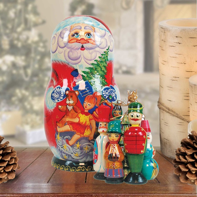 Gift Bag Toys Santa Hand-Painted Doll with Set of Wooden Ornaments by G. DeBrekht – Christmas Santa Snowman Decor – 110715