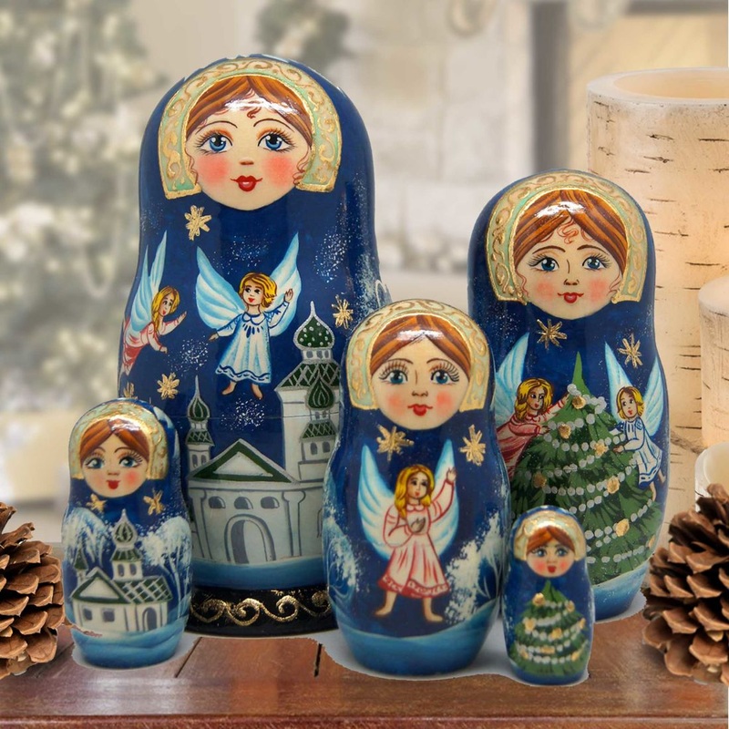 Guardian Angels Matreshka Stacking Hand-Painted Dolls Set of 5 by G. DeBrekht – Nativity Holiday Decor – 1300941