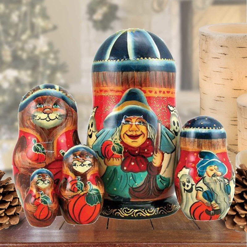 Halloween Nesting Matreshka Nesting Hand-Painted Doll Set of 5 by G. DeBrekht – Thanksgiving Halloween Dcor – 130221