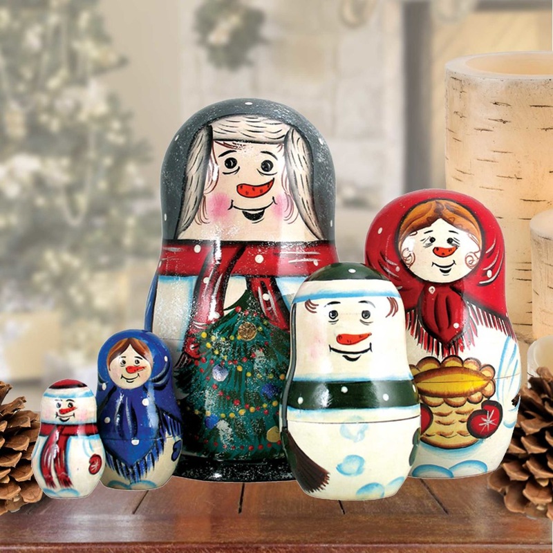 Happy Snowman Family Matreshka Nesting Hand-Painted Doll Set of 5 by G. DeBrekht – Christmas Decor – 110090