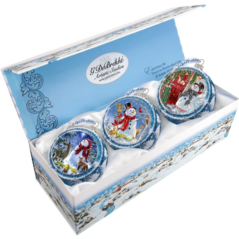 Happy Snowman Glass Ornament Set of 3 by D. Gelsinger – Christmas Santa Snowman Decor – 73743-S3-DG