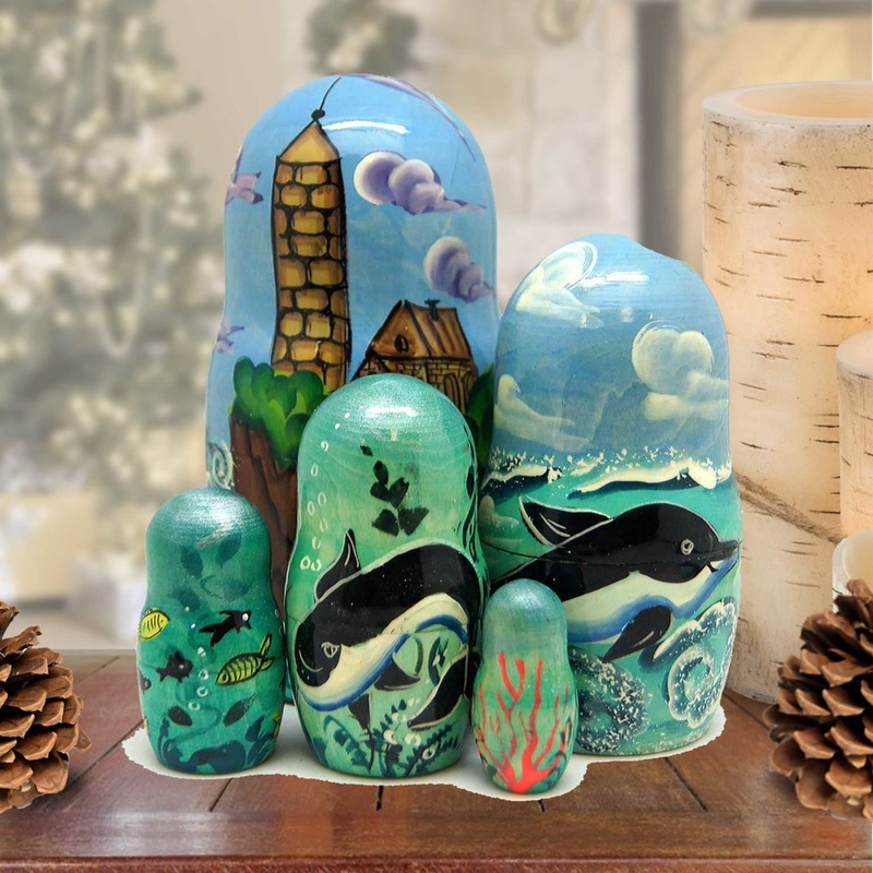 Lighthouse Nesting Hand-Painted Dolls Matreshka Set of 5 by G. DeBrekht – Coastal Holiday Decor – 1300810