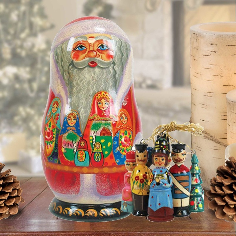 Matreshka Hand-Painted Doll with Set of Wooden Ornaments by G. DeBrekht – Christmas Decor – 110716