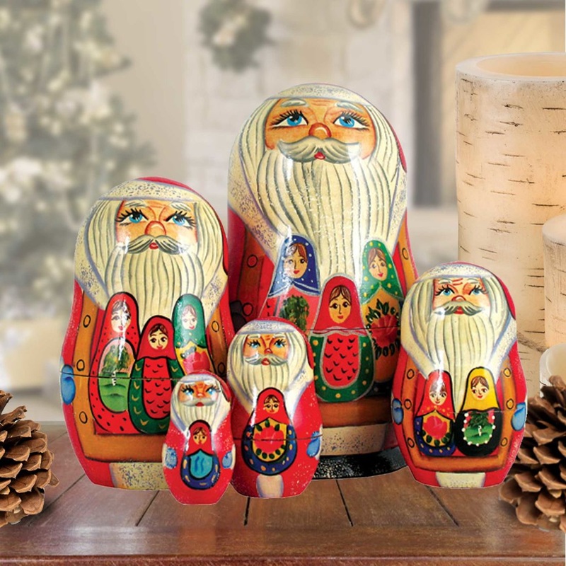 Matreshka  Nesting Hand-Painted Doll Set of 5 by G. DeBrekht – Christmas Santa Snowman Decor – 110111