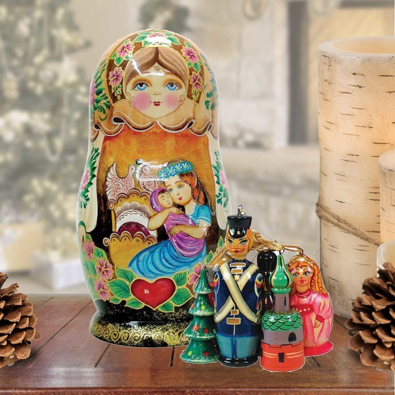 Mother Love Nesting Hand-Painted Doll with Set of Wooden Ornaments by G. DeBrekht – Christmas Decor – 130731